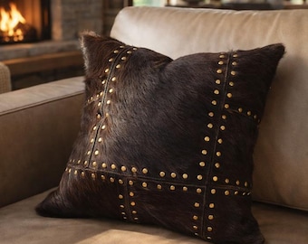 Handmade Studded Cowhide Leather Cushion Cover 40x40cm | Hide Front & Linen Back