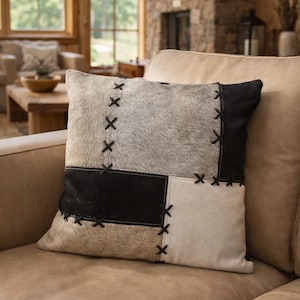 Handmade Cowhide Cushion Cover 45x45cm | Black Grey Cream Patchwork | X-Stitch Throw Pillow