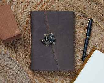 May include: A brown leather journal with a metal clasp and a distressed look. The journal is lying on a woven straw mat.