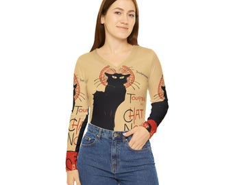 The Black Cat Le Chat Noir Art Nouveau V-neck Vintage Iconic Poster Theophile Steinlen Gift for Her Long Sleeve Tee French Cat Lover
