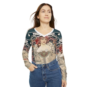 Women&#39;s Long Sleeve V-neck Shirt Top Alphonse Mucha F. Champenois Imprimeur-Editeur Decorative Art Nouveau Painting Wearable Gift for Her