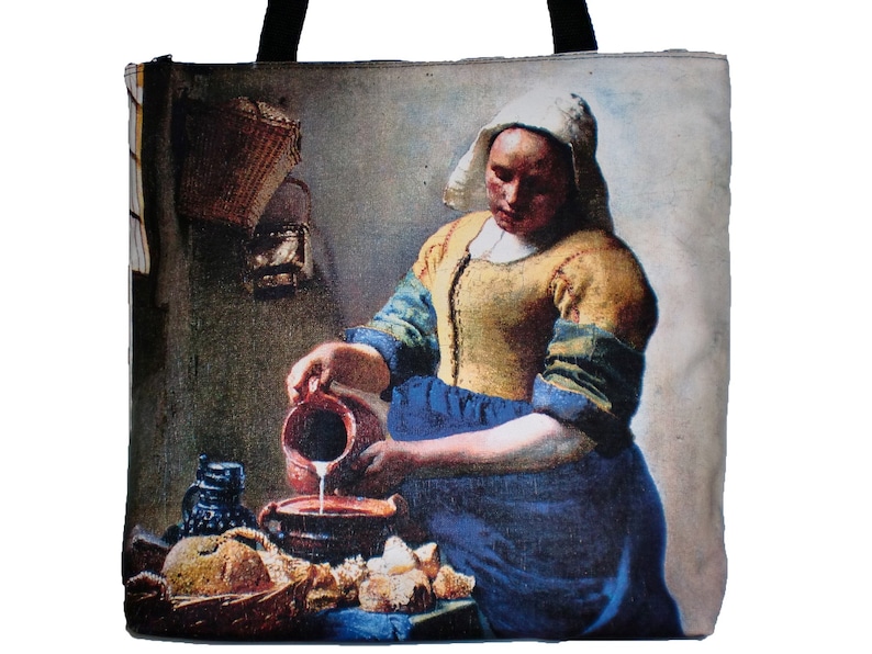 D2D Jan Vermeer the Milkmaid Fine Art Baroque Print Tote Shoulder Bag Zipper Apparel Gift Idea