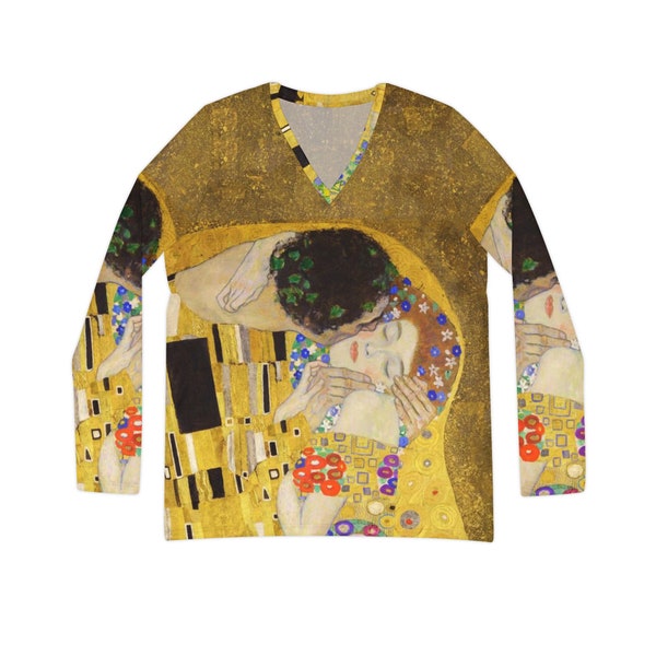 Gustav Klimt The Kiss Detail Art Nouveau Women V-neck Shirt Vintage Iconic Poster Gift for Her