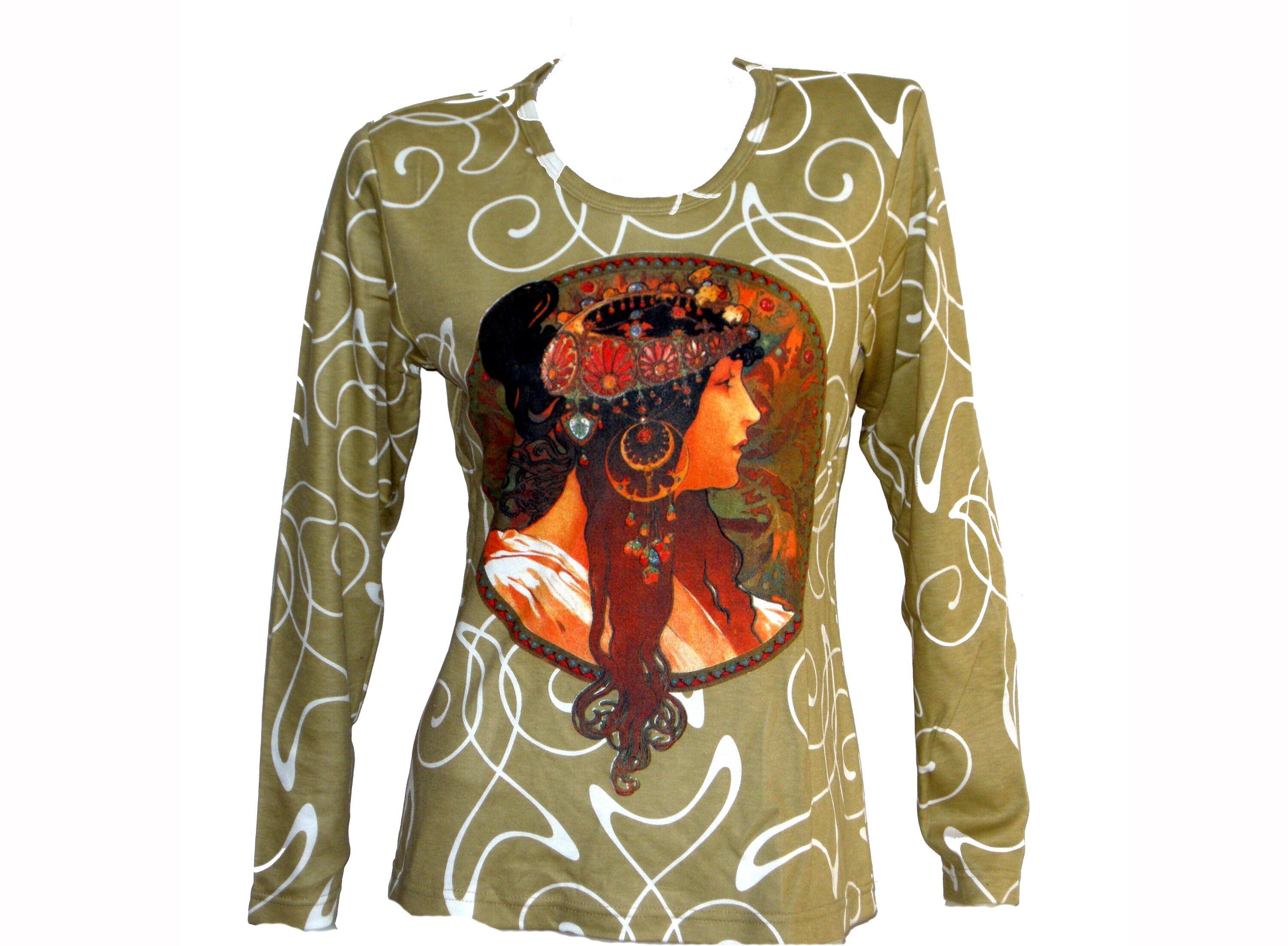 D2D Alphonse Mucha Byzantine Burnette Heads Fine Art Nouveau Print Long Sleeved T-Shirt Apparel Gift Idea