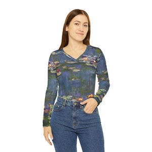 Claude Monet Water Lilies Pond Impressionism Women&#39;s Long Sleeve V-neck Shirt Top Fine Art Print Wearable Fashion Gift for Her