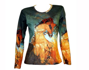 D2D Alphonse Mucha Summer Season Fine Art Nouveau Print Long Sleeved T-Shirt Apparel Gift Idea