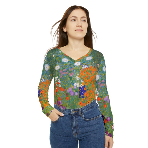 Women V-neck Shirt Top Gustav Klimt Flower Garden Fine Art Nouveau Long Sleeve