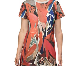 May include: A short-sleeved t-shirt dress with a colorful abstract painting of two figures. The painting features shades of red, blue, white, and black.