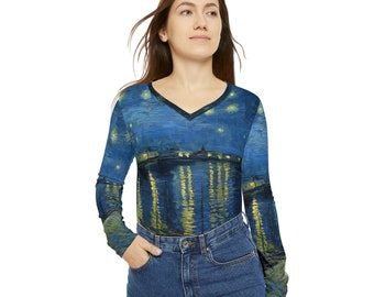 Vincent Van Gogh Starry Night Over the Rhone Women&#39;s Long Sleeve V-neck Shirt Top Fine Art Print Wearable Fashion Gift for