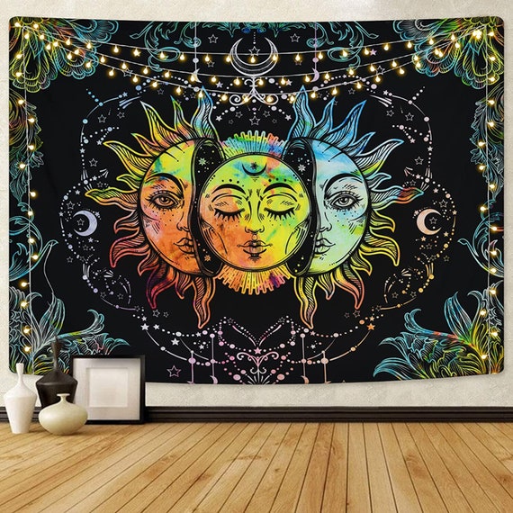 Sun and Moon Tapestry Burning Sun With Star Tapestry Psychedelic