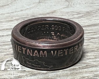 Copper Coin Ring - Vietnam Veterans 1 oz .999 Copper Coin, Ring Jewelry, Powder Coated Finish 8-14