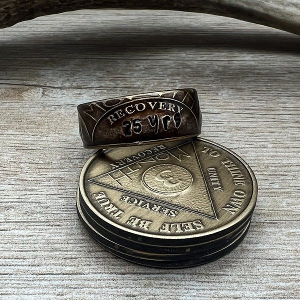 Sobriety AA anniversary Alcoholics Anonymous Coin Ring Custom Year Stamp Gift 5-14