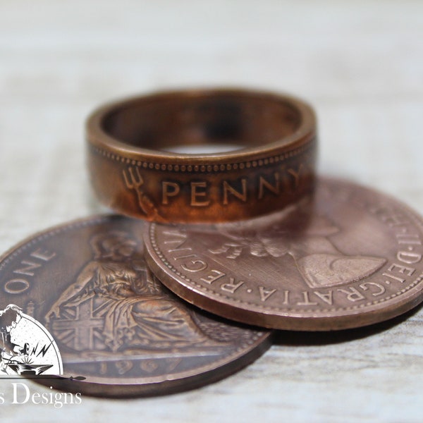 Large Great Britain One Penny Coin Ring Size 6-12 Coin Powder Coated Coin Jewelry Coin Ring Coin Gift for Men Unique Jewelry