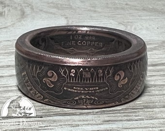 Two Dollar Certificate Coin Ring - Made from 1 AVDP ounce of .999 Pure Copper, Coin Ring Jewelry, Powder Coated Finish 8-14