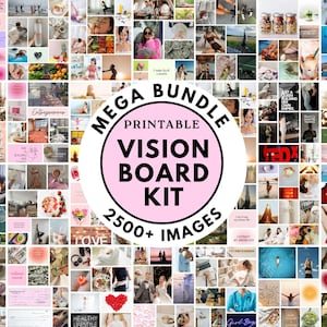 Peut inclure: Une composition d'images, avec un cercle rose central indiquant "MEGA BUNDLE PRINTABLE VISION BOARD KIT 2500+ IMAGES". Le collage présente des photos et du texte sur le thème du style de vie, des objectifs et de l'inspiration, pour un tableau de visualisation.