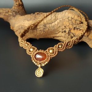 Handmade Carnelian Macrame Choker: Boho Crystal Pendant with Brass