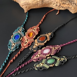 Macrame Gemstone Bracelet: Adjustable Waxed Cord, Brass Beads