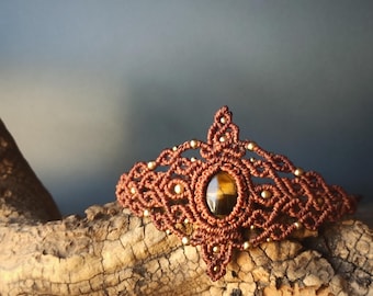 Tiger Eye Macrame Bracelet: Boho Cuff, Crystal Healing Jewelry