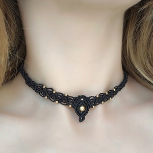 Small macrame choker Minimalist handmade necklace Charm choker with brass beads