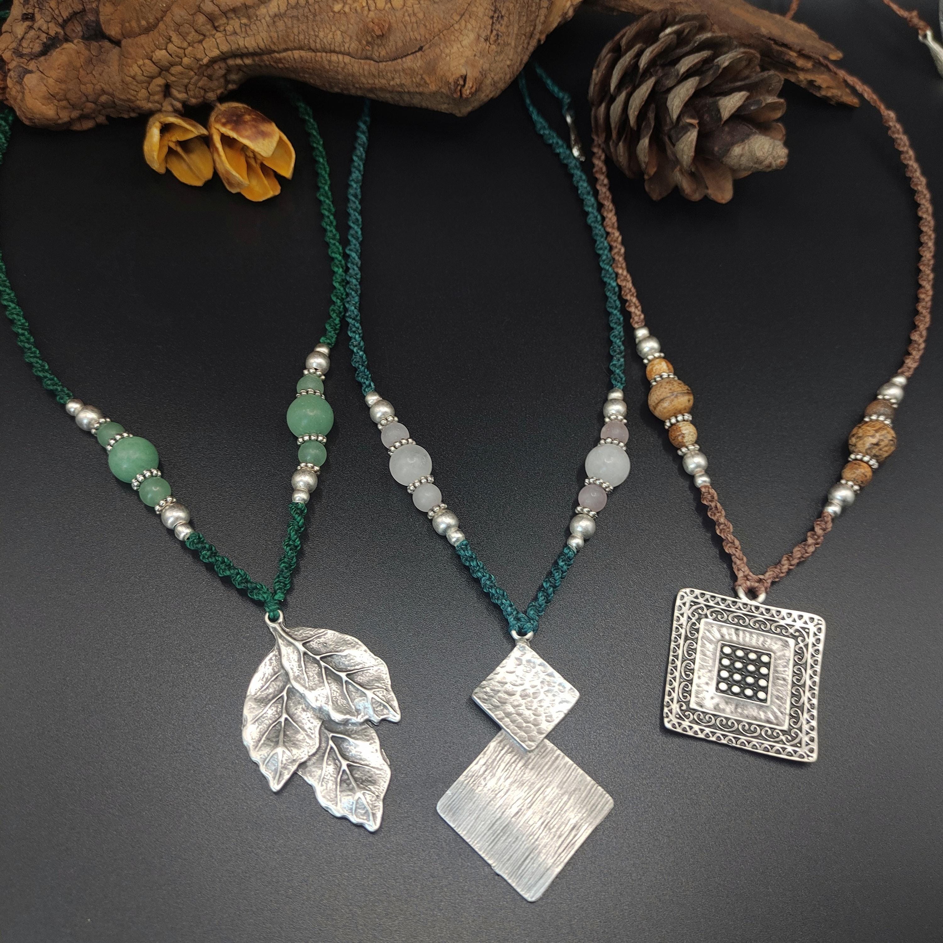 Antique Silver Charm Pendant, Macrame Necklace with Crystals–Ethnic Handmade Jewelry
