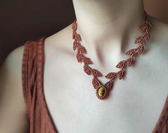 Leaf Macrame Necklace: Tigers Eye Gemstone, Boho Choker