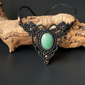 Black Macrame Choker – Aventurine Crystal Necklace, Handmade Boho Jewelry