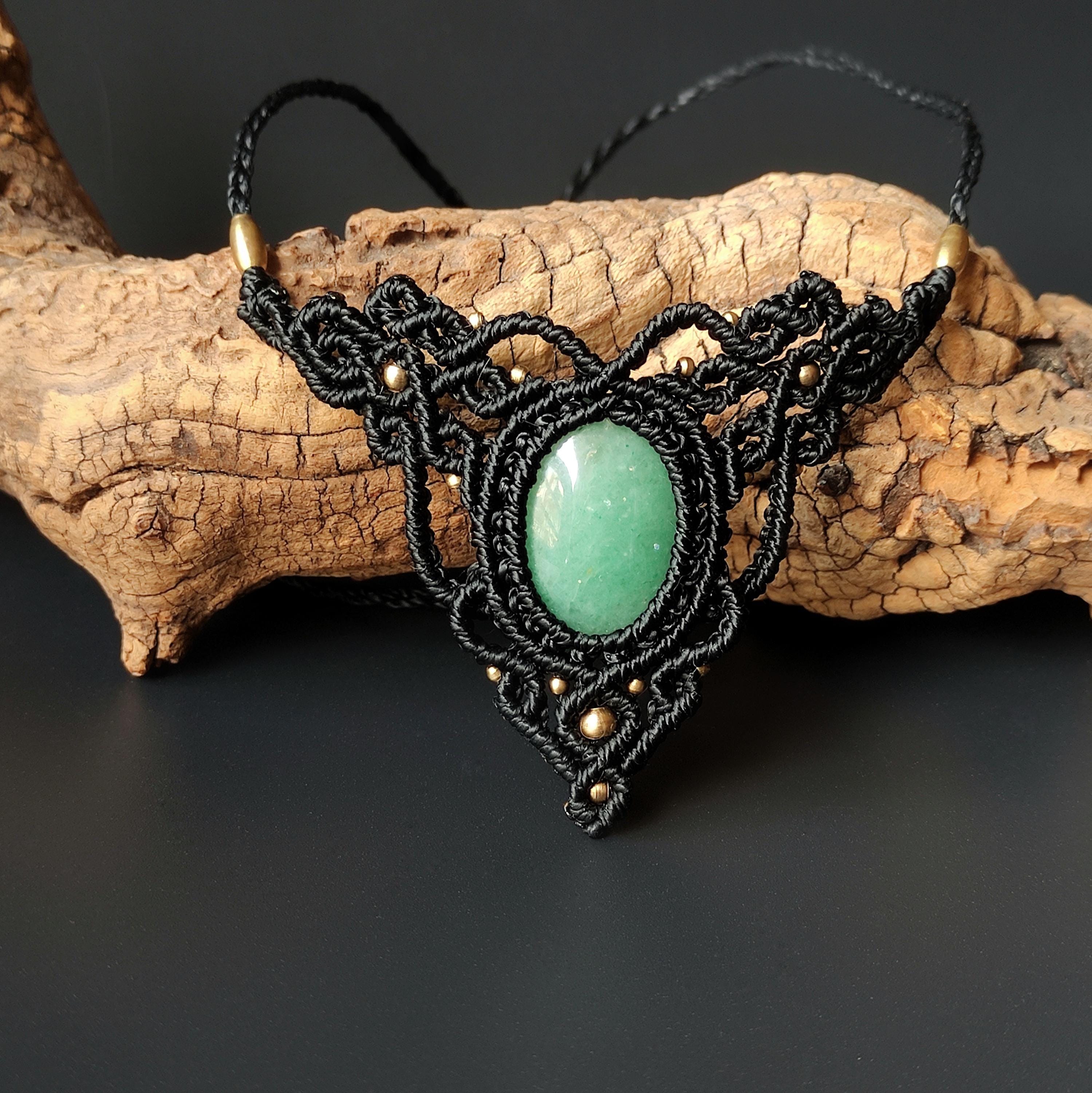Black Macrame Choker - Aventurine Crystal Necklace, Handmade Boho Jewelry