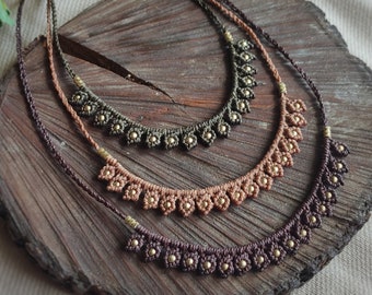 Small macrame necklace Summer beaded choker Minimalist necklace with brass beads