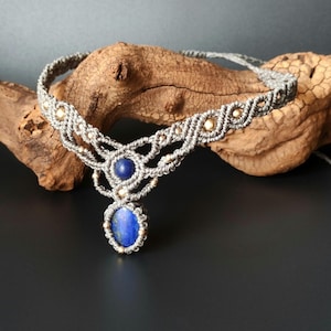 Lapis Lazuli Macrame Choker: Boho Brass Bead Necklace