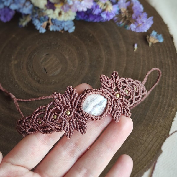 Macrame choker with Natural Rhodochrosite gemstone and brass beads,Mother's day gift