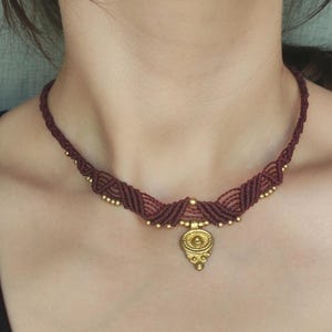 Small macrame choker Minimalist handmade necklace Charm choker with brass beads