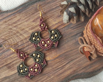 Macrame earrings Mandala macrame earrings with brass beads Dangle flower earrings  Handmade gifts