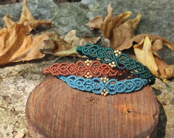 Petite Macrame Bracelet: Boho Waxed Cord with Indian Brass Beads