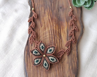 Flower macrame necklace Statement summer necklace inspired by nature Brown leaf necklace