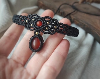 Black Macrame Choker: Red Agate Gemstone & Brass Beads
