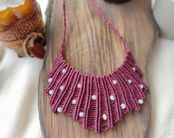 Summer macrame necklace in burgundy colour Beaded boho necklace