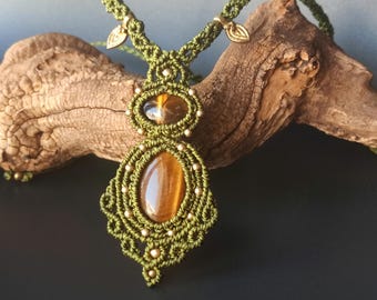 Tiger’s Eye Macrame Necklace – Double Stone Statement Pendant, Green Boho Fairy Jewelry