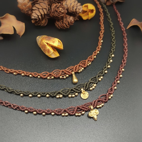 Small macrame choker Minimalist handmade necklace Charm choker with brass beads