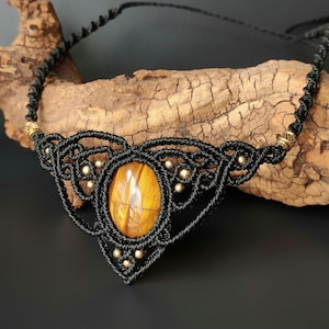 Black macrame necklace with tiger&#39;s eye gemstone Crystal choker Unique handmade jewelry