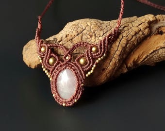 Rose quartz macrame necklace Handmade Boho macrame jewelry Healing Crystal choker Festival outfit