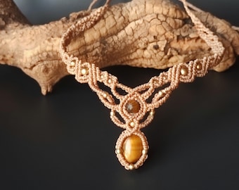Tiger Eye Macrame Necklace: Boho Brass Bead Choker