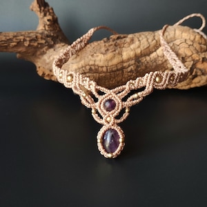 Handmade Amethyst Macrame Choker: Boho Brass Bead Necklace