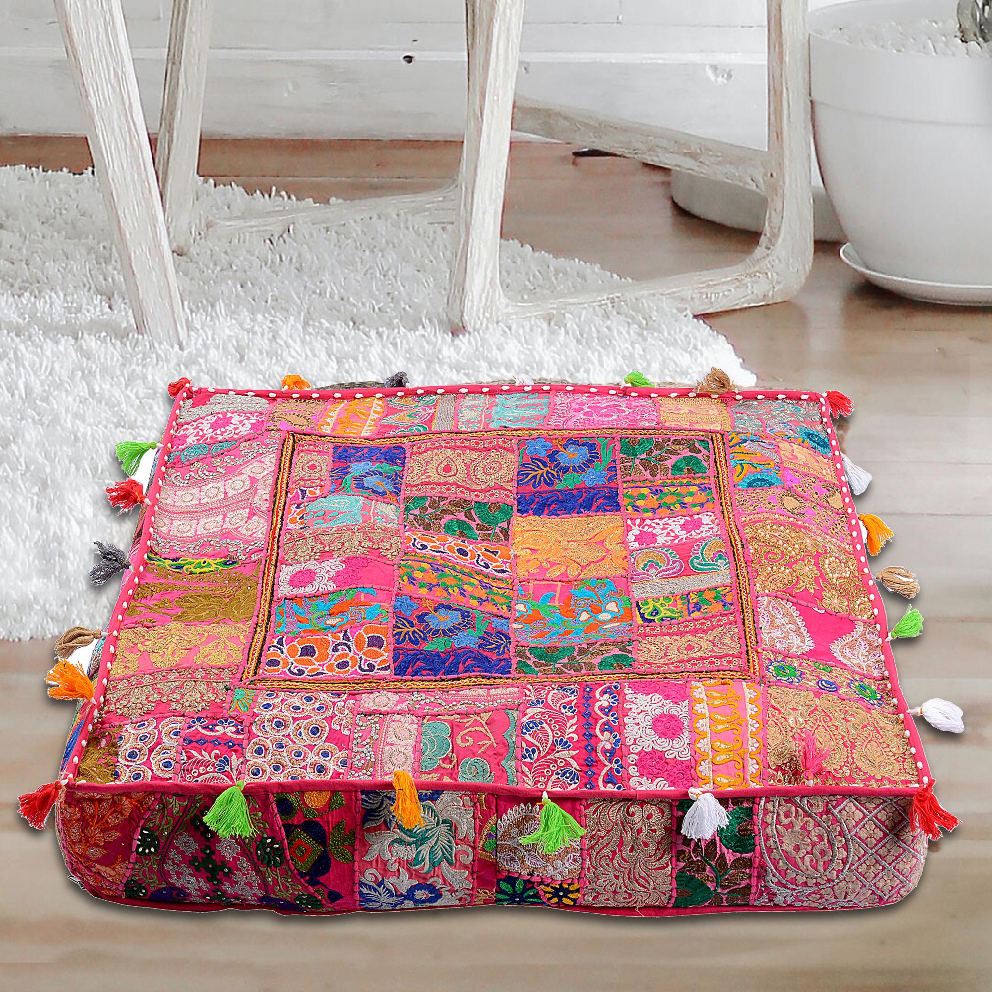 Large Indian Patchwork Floor Pillow Cover: Bohemian Pink Ottoman
