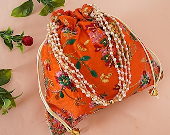 Embroidered Silk Potli Bag: Indian Bridal Clutch, Wedding Favor