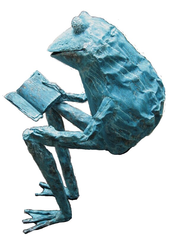 Adult Human-sized Reading Frog Sculpture in Copper and Bronze by