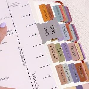 May include: A close-up of a Bible with colorful tabs marking different books, including Psalms, 1 Chronicles, Ruth, 1 Samuel, Ezra, Nehemiah, 2 Samuel, Ezekiel, Daniel, Hosea, Ecclesiastes, and Lamentations.