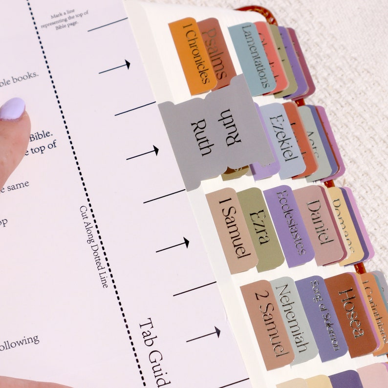 May include: A close-up of a Bible with colorful tabs marking different books, including Psalms, 1 Chronicles, Ruth, 1 Samuel, Ezra, Nehemiah, 2 Samuel, Ezekiel, Daniel, Hosea, Ecclesiastes, and Lamentations.