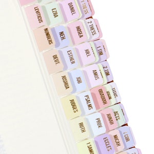 May include: A set of colorful, tabbed dividers for a Bible. The tabs are labeled with the names of the books of the Bible, including Genesis, Exodus, Leviticus, Numbers, Deuteronomy, Joshua, Judges, Ruth, 1 Samuel, 2 Samuel, 1 Kings, 2 Kings, 1 Chronicles, 2 Chronicles, Ezra, Nehemiah, Esther, Job, Psalms, Proverbs, Ecclesiastes, Song of Solomon, Isaiah, Jeremiah, Lamentations, Ezekiel, Daniel, Hosea, Joel, Amos, Obadiah, Jonah, Micah, Nahum, Habakkuk, Zephaniah, Haggai, Zechariah, Malachi, Matthew, Mark, Luke, John, Acts, Romans, 1 Corinthians, 2 Corinthians, Galatians, Ephesians, Philippians, Colossians, 1 Thessalonians, 2 Thessalonians, 1 Timothy, 2 Timothy, Titus, Philemon, Hebrews, James, 1 Peter, 2 Peter, 1 John, 2 John, 3 John, Jude, and Revelation.