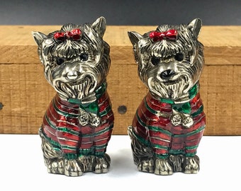 Vintage Silver Plated Yorkie Scottie Dog Christmas Sweater Salt & Pepper Shakers