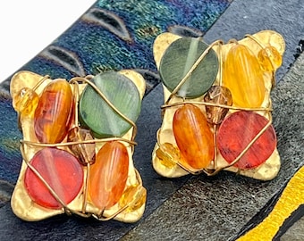 Vintage Colorful Glass Bead Earrings: Gold Tone Wired Square Design